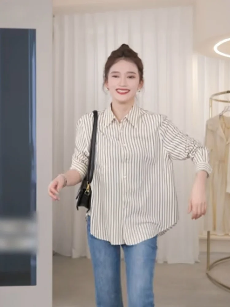 スリムフィット ロング丈 ストライプ柄 通勤用 シフォン トップス レディース ファッション 日焼け防止服 春 2024