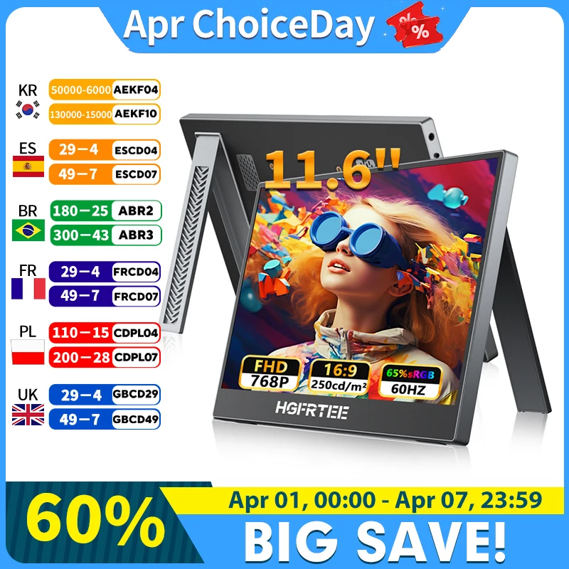 

Портативный монитор HGFRTEE 11,6 дюйма 768P 250CD/m2 — компактный внешний дисплей для ноутбуков и планшетов PS5 Xbox Switch