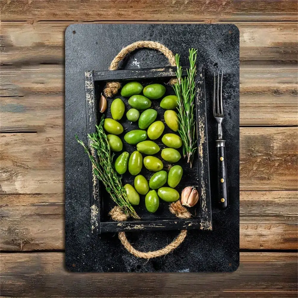 Bandeja de aceitunas con letrero de estaño, decoración mediterránea para cocina/comedor, aceitunas verdes con romero y especias, 8x12 pulgadas/20x30cm, 1 ud.