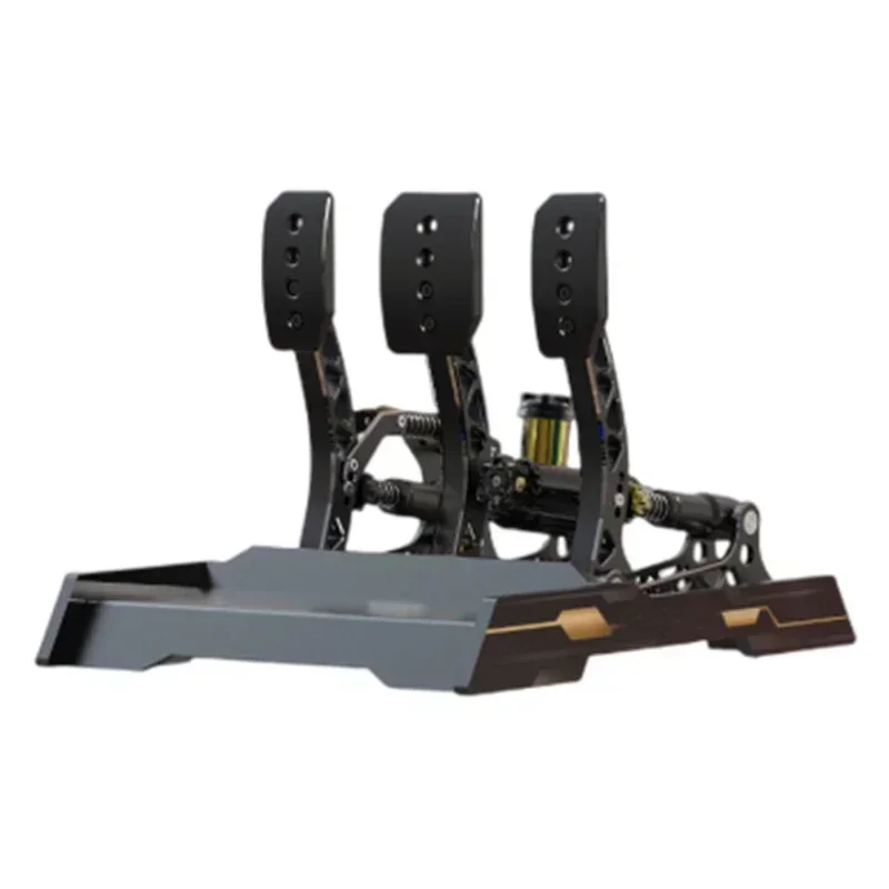 Compact hydraulic-style racing simulator steering wheel with vibration feedback and pedals; gaming controller.