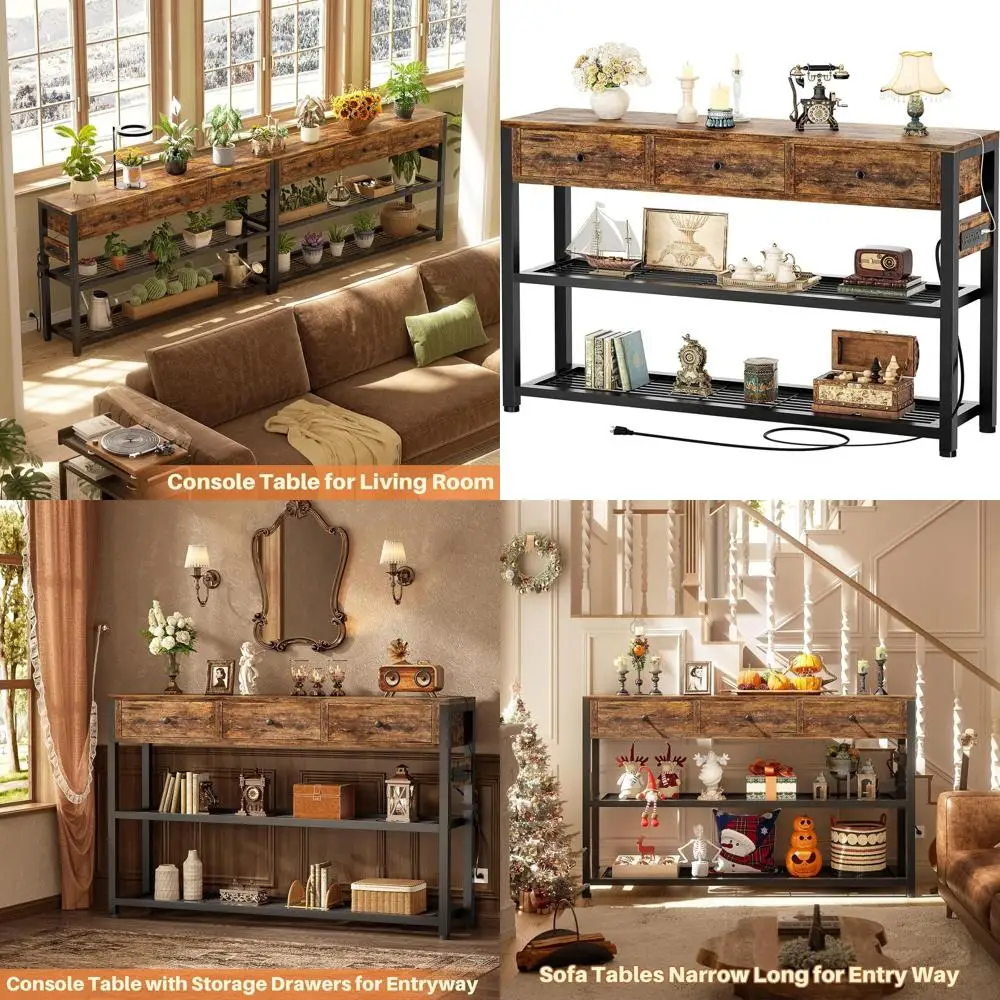 

47 Rustic Brown Entryway Table with Outlets, USB Ports, and Storage Shelves