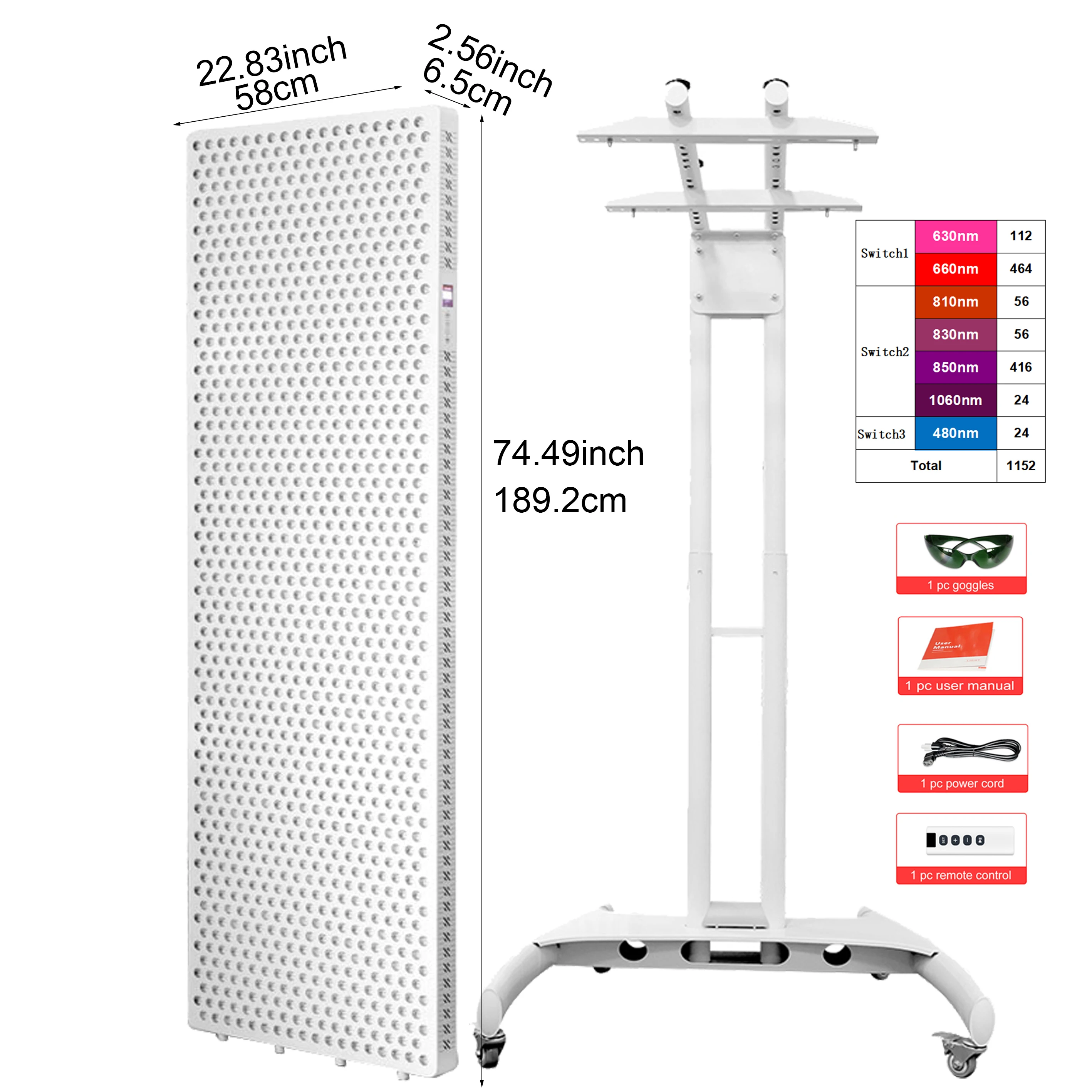 

LED Red Light Therapy Panel 7 Wevelengths 480 630/660/810/830/850nm 1060nm Infrared Red Light Therapy Lamp For Whole Body