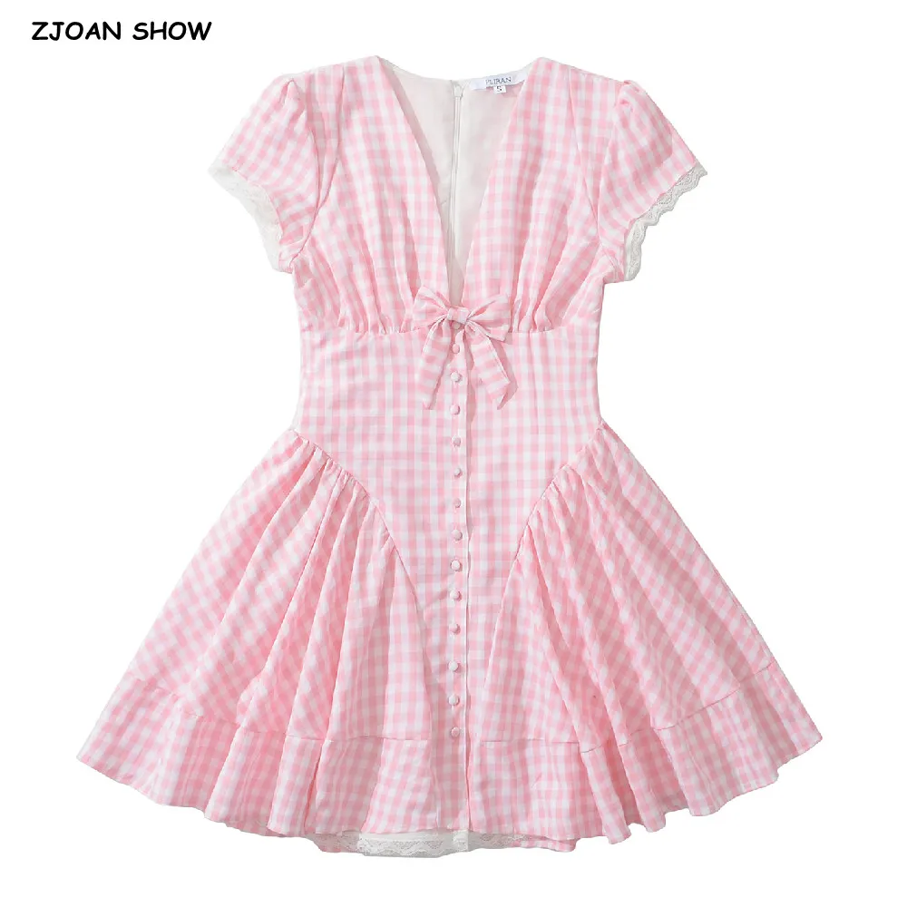 

2025 Sexy Pink Plaid Spliced White Lace Bow V neck Short Sleeve Dress Women Hem Through Buttons Low Waist Ball Gown Party Robe