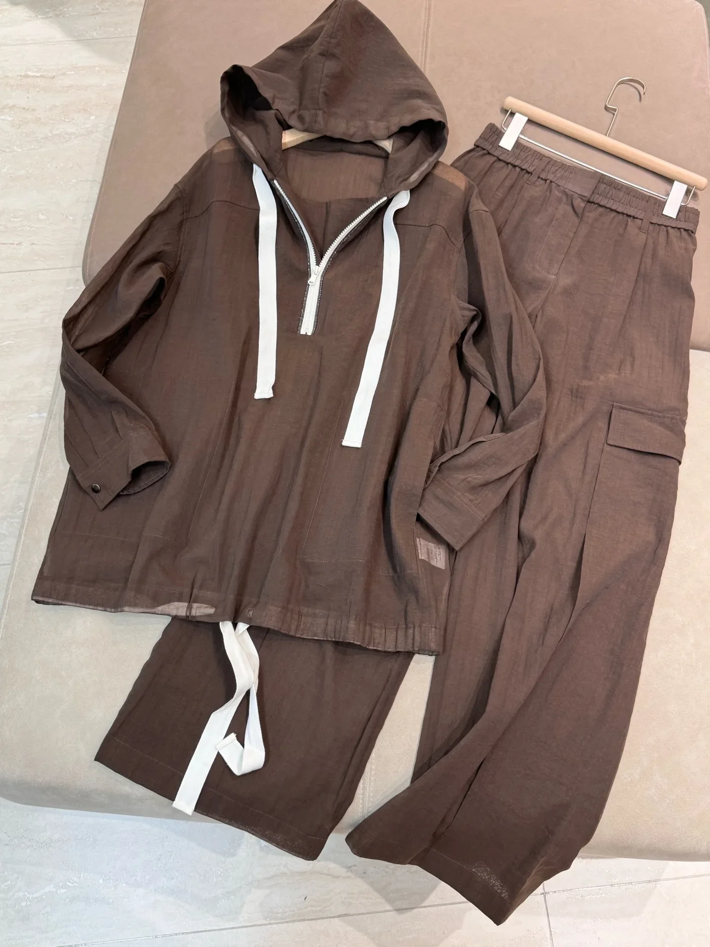 Spring Summer 2025 Women's Thin 2-Piece Set Elastic Waist Straight Wide Leg Pants or Long Sleeve Hooded Pullover Fashion Suit