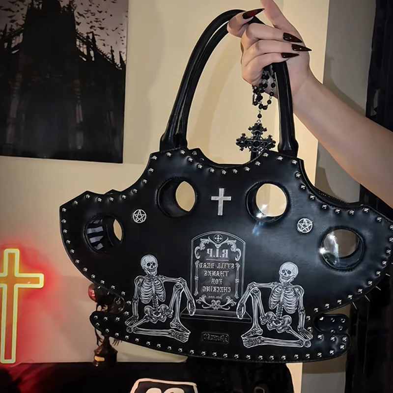 Halloween Totenkopf-Kreuz-Print Umhängetasche, Damen Gothic Nieten-Dekorations-Handtasche, Y2k Mädchen Stilvolle Einzigartige Tragetasche – Detail 15