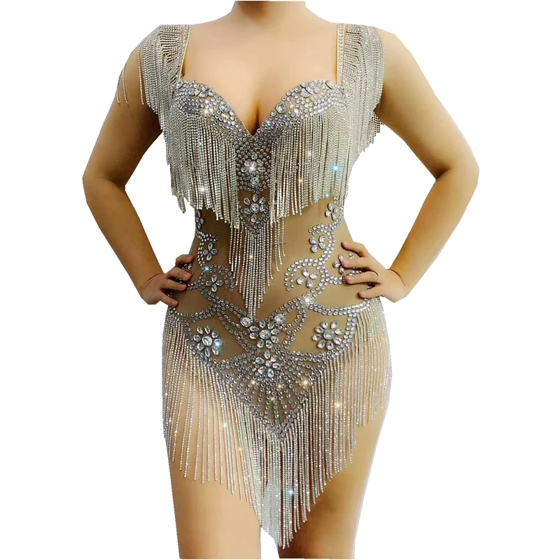 

Singer Dancer Stage Performance Wear Silver Rhinestones Fringes Crystals Bodysuit Sexy Mesh Transparent Party Show Dance Costume