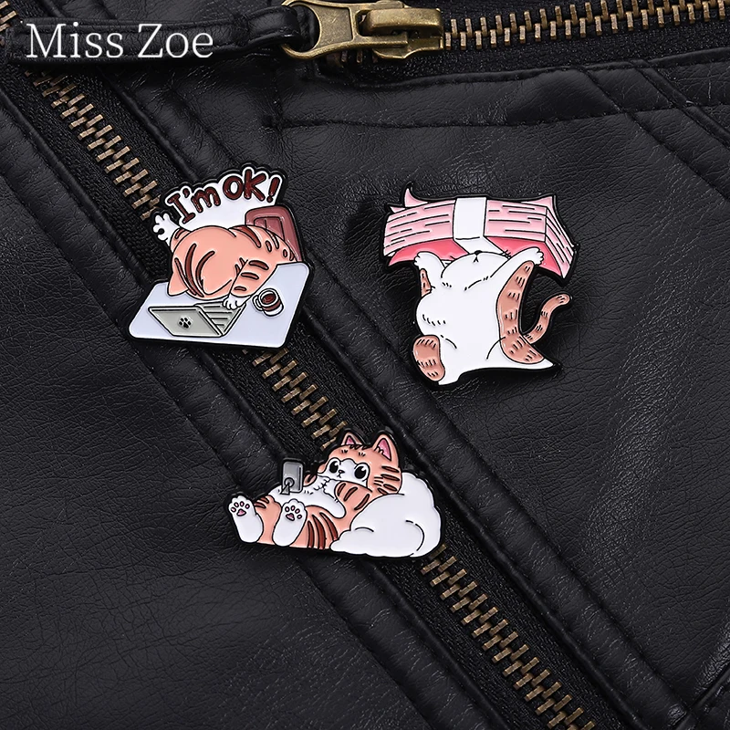 Working And Resting Cats Enamel Pins Funny Cute Sweet Cartoon Cats Brooch Backpack Lapel Badge Jewelry Gift For Fans Friends