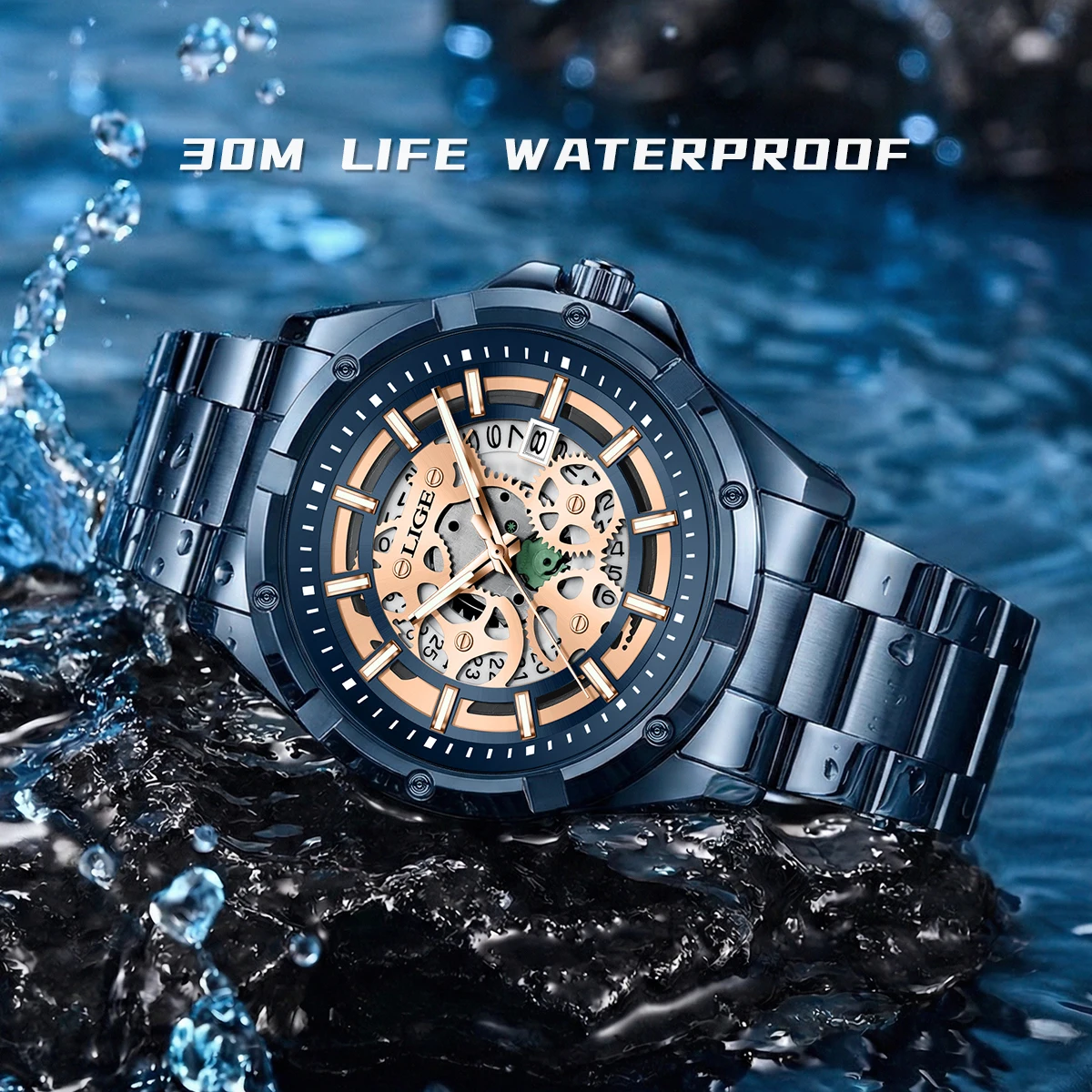 LIGE Automatic Mens Watches Mechanical Tourbillon Wrist Watch Waterproof Business Stainless Steel Sport Mens Watches Best Gift