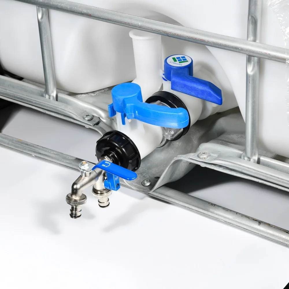 

2-Way IBC Tank Connector S60 75mm to 16mm Threaded Faucet Adapter Durable Plastic Valve for 1000L Rain Barrel Garden Farm