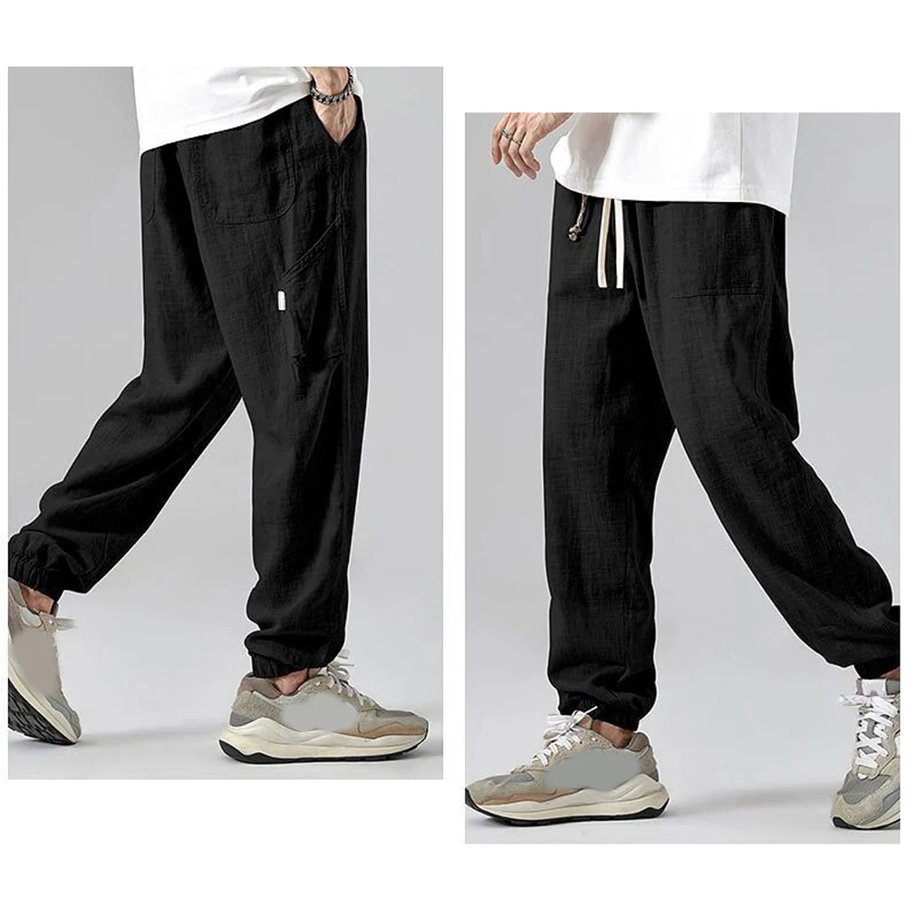 Mens Linen Casual Pants Drape Simple Leggings Thin Trendy Ice Silk Trousers