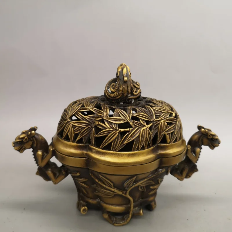 Brass for home use, bamboo disc , incense burner with double dragon design, Chinese-style craft inc