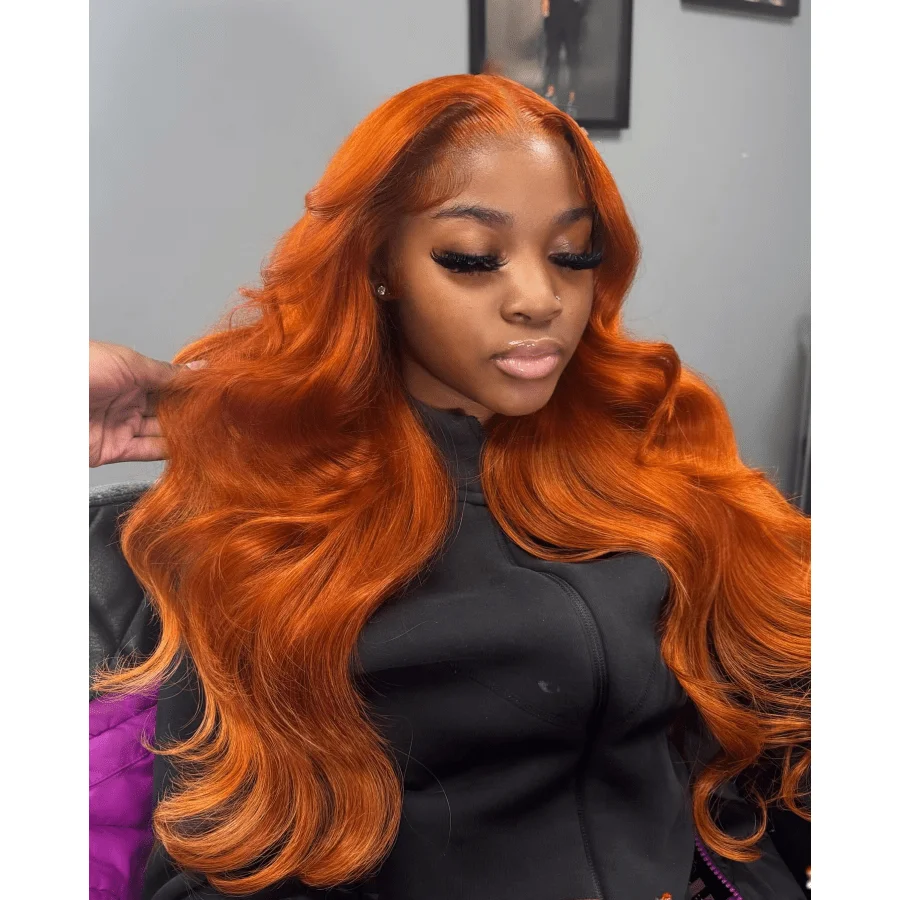 200% 34 pulgadas jengibre naranja cuerpo onda 13x4 pelucas frontales de encaje transparente brasileño prearrancado con pelo de bebé # 350 colores