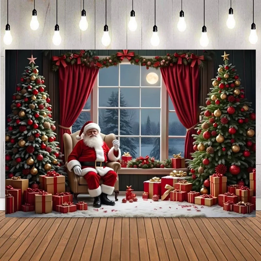 Winter Christmas Backdrop Indoor Gift Pile Curtains Fireplace Wreaths Baby Shower Party Decorations Family Portrait Background