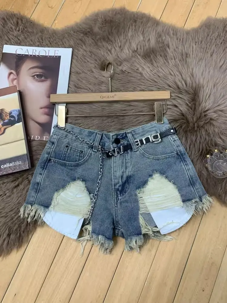 Spice Girl Denim Shorts Women Summer High Waist Retro Irregular Holes Fringed Hot Pants view 3