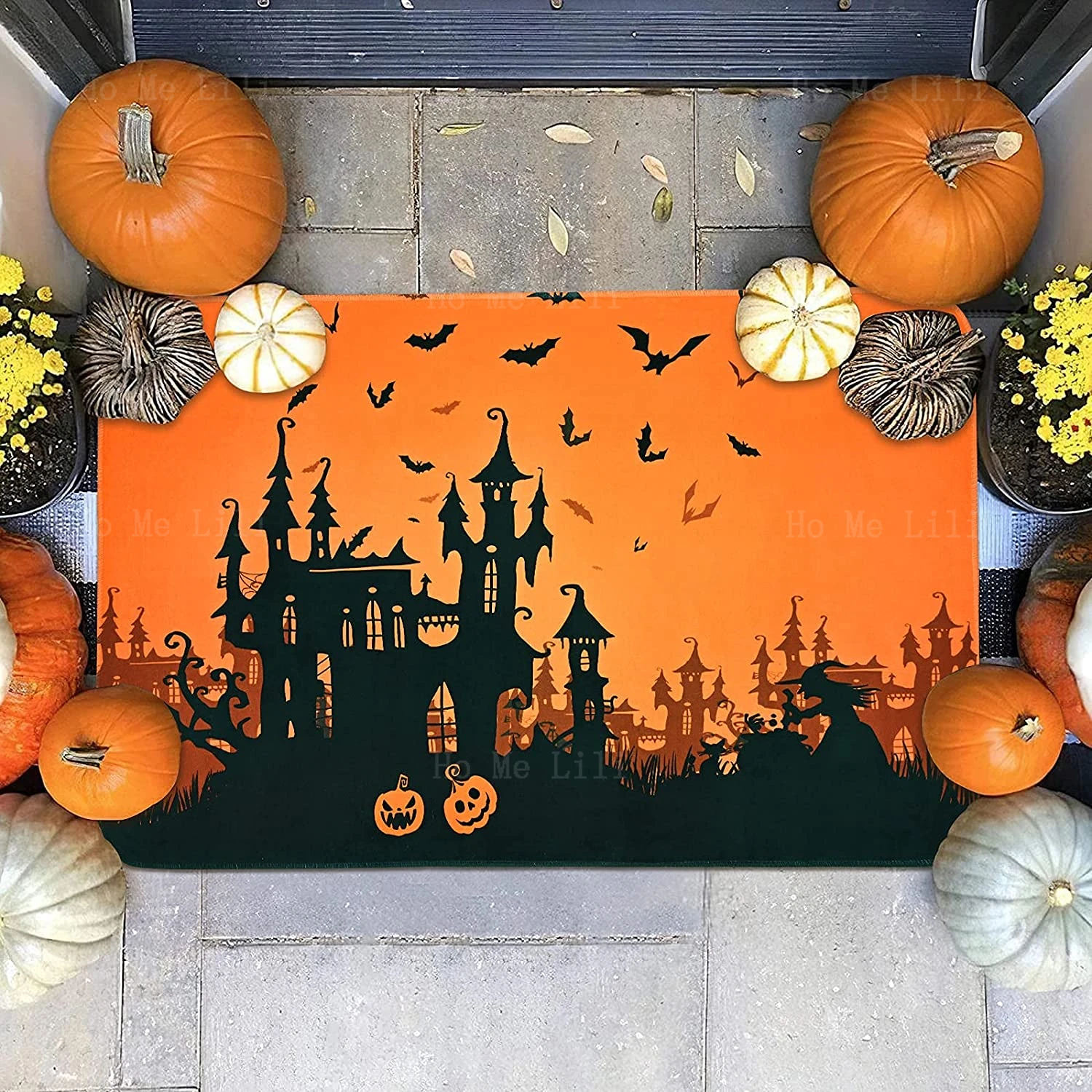 Black Castle Full Moon Pumpkin Bat Silhouette Happy Halloween Orange Non Slip Area Carpet Indoor Outdoor Home Decor Rug