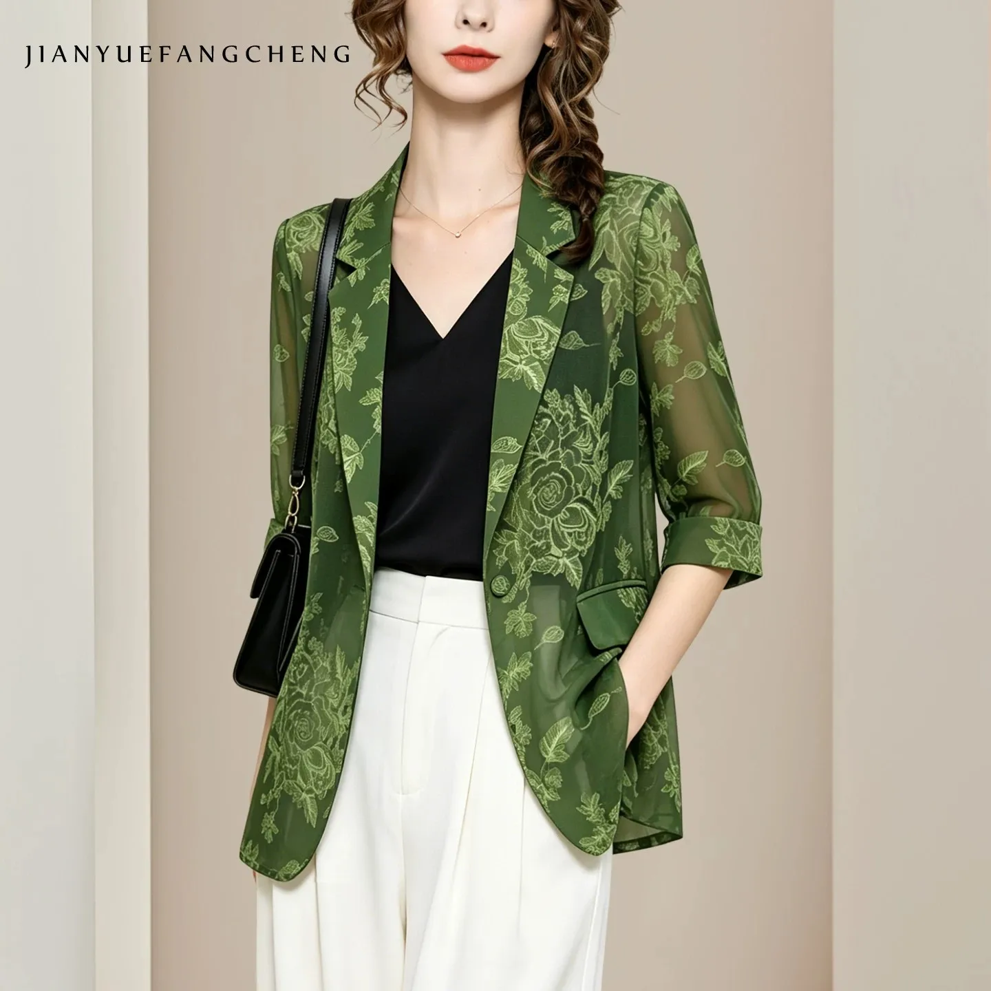 Summer Thin Women Blazer Navy Blue Floral Chiffon 3/4 Sleeve Jacquard Suit Jacket Elegant Commuter Sun Protection Outerwear With