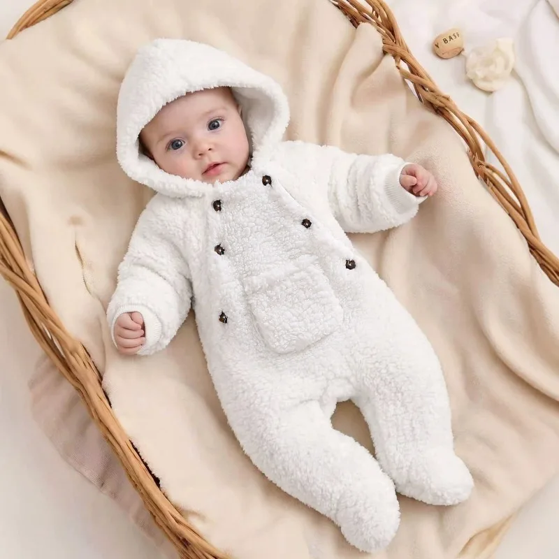 Unisex Newborn White Fleece Romper Button Front Pocket Hooded One Piece Infant Toddler Warm Bodysuit Jumpsuit Outfit