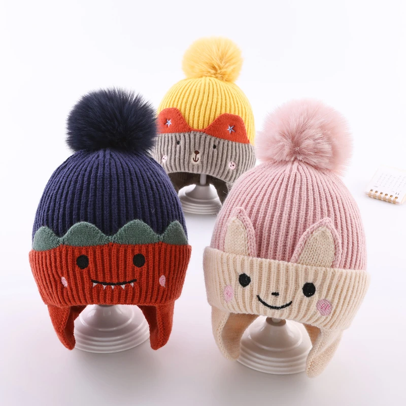 Dickes Samtfutter, Baby-Gehörschutzkappe, 1–6 Jahre, Kinder, Winter, warm, gestrickt, Wollmütze, niedliche Bärenmütze, Plüschball-Pullover-Kappe