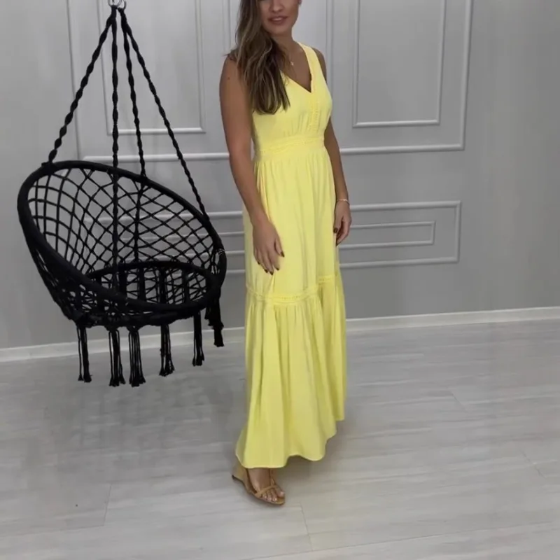 Elegantes Einfarbiges Ärmelloses V-Ausschnitt Stufenkleid für Damen Lässiges Boho Strand Maxikleid