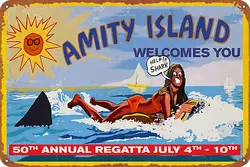 Amity Island Welcomes You Poster Retro Metal Sign Vintage Tin Sign for Cafe Bar Home Wall Decor 12 X 8 inch