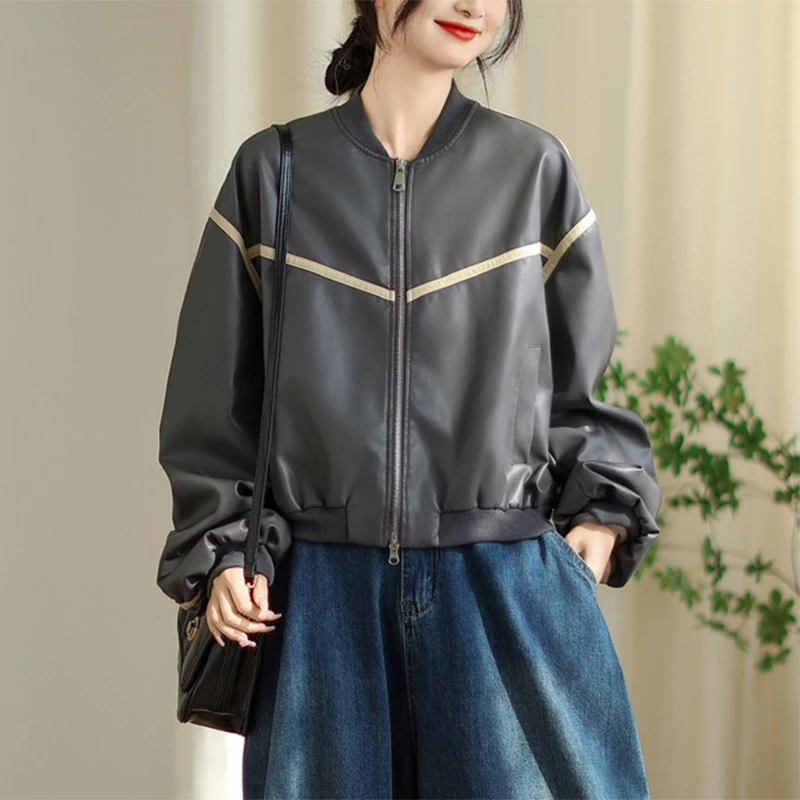 Masss Wasss Vintage losse kunstleren jassen Dames Koreaanse klassieke patchwork Pu-jassen Dames lentemode Causale bovenkleding