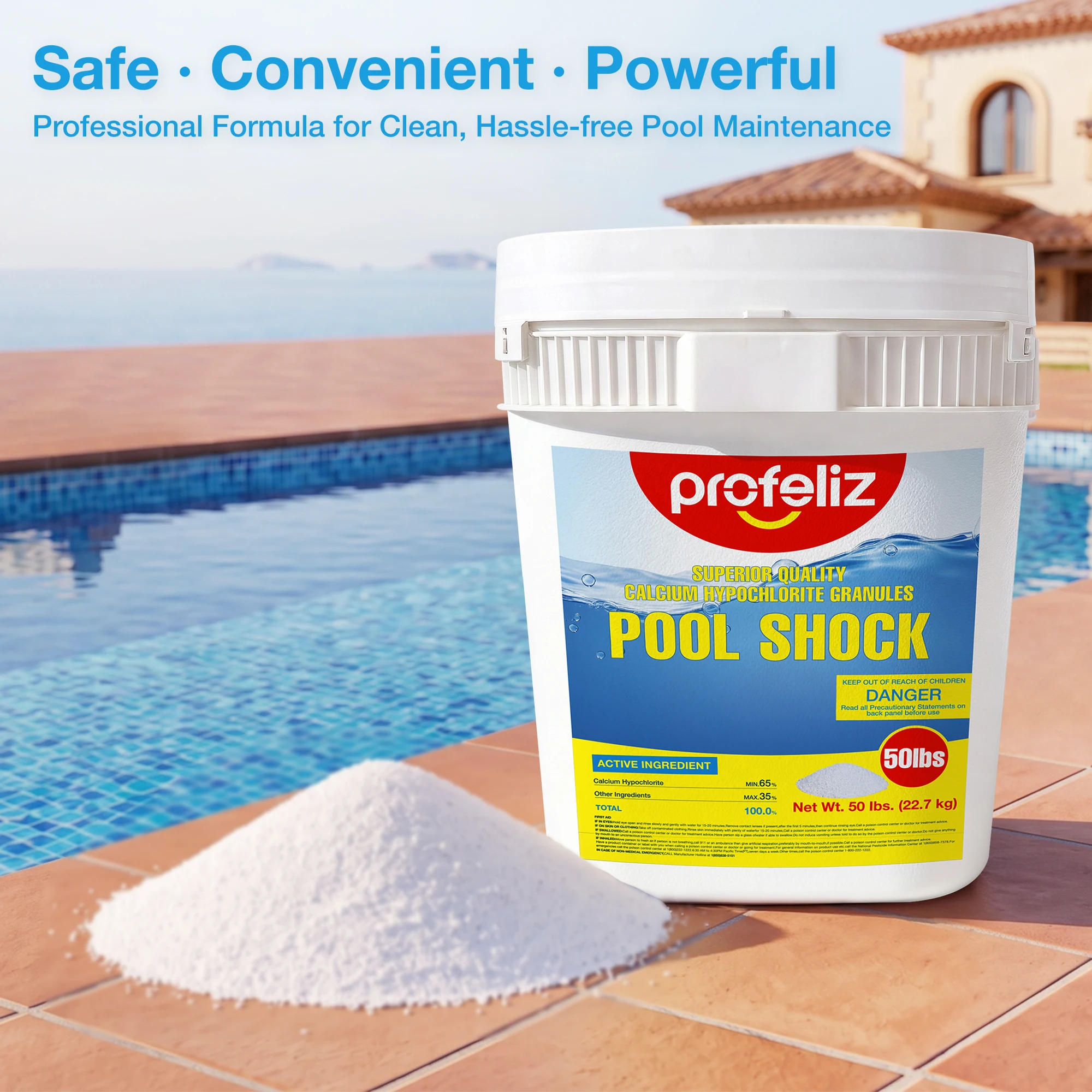 PROFELIZ Pool Shock,Prevents Algae & Bacteria,Swimming Pool Chemical,50lb | 65% Cal-Hypo Granular Sanitizer for Above Ground & Inground Pools, Fast Acting Chlorine Shock Treatment, Crystal Clear Water