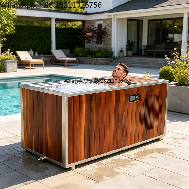 CHILLMEND Smart All in One Wooden Ice Bath Tub with Cold Plunge Chiller Red Cedar Stainless Steel Liner Barrel  with LED Lights