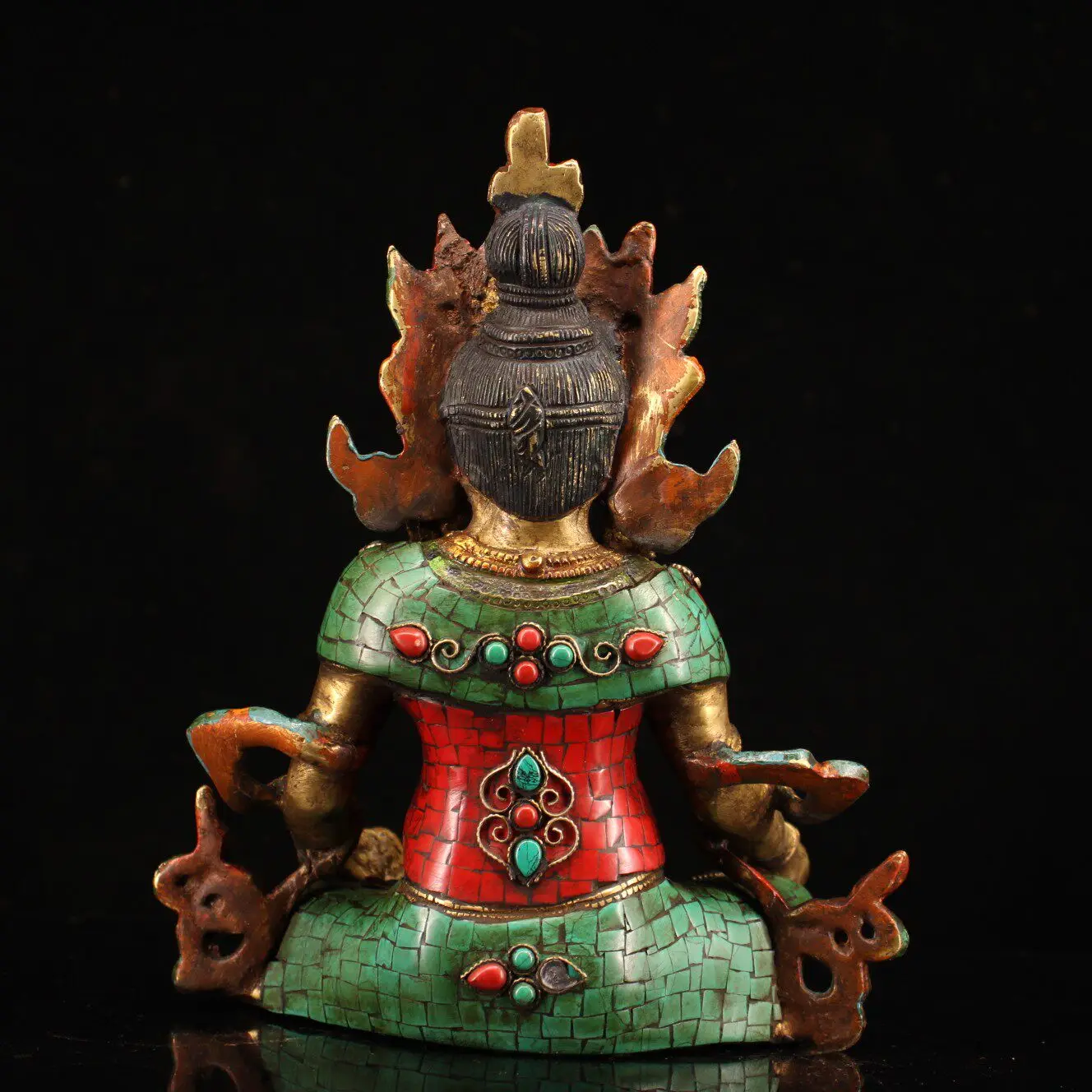 Copper Hand Inlaid Gemstone Painted Gold Highlight Yellow Jambhala Statue Serene Face Heavy Patina Fine Craftsmanship