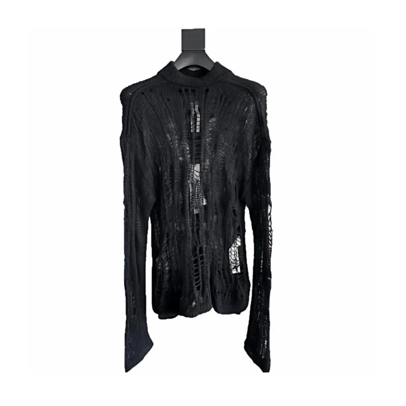 HKSH Spring Autumn New Men Tide RO Ripped Sheer Mesh Sweater Mohair Turtleneck Loose Top Thin Long Sleeve Hollow Knitted HK19676