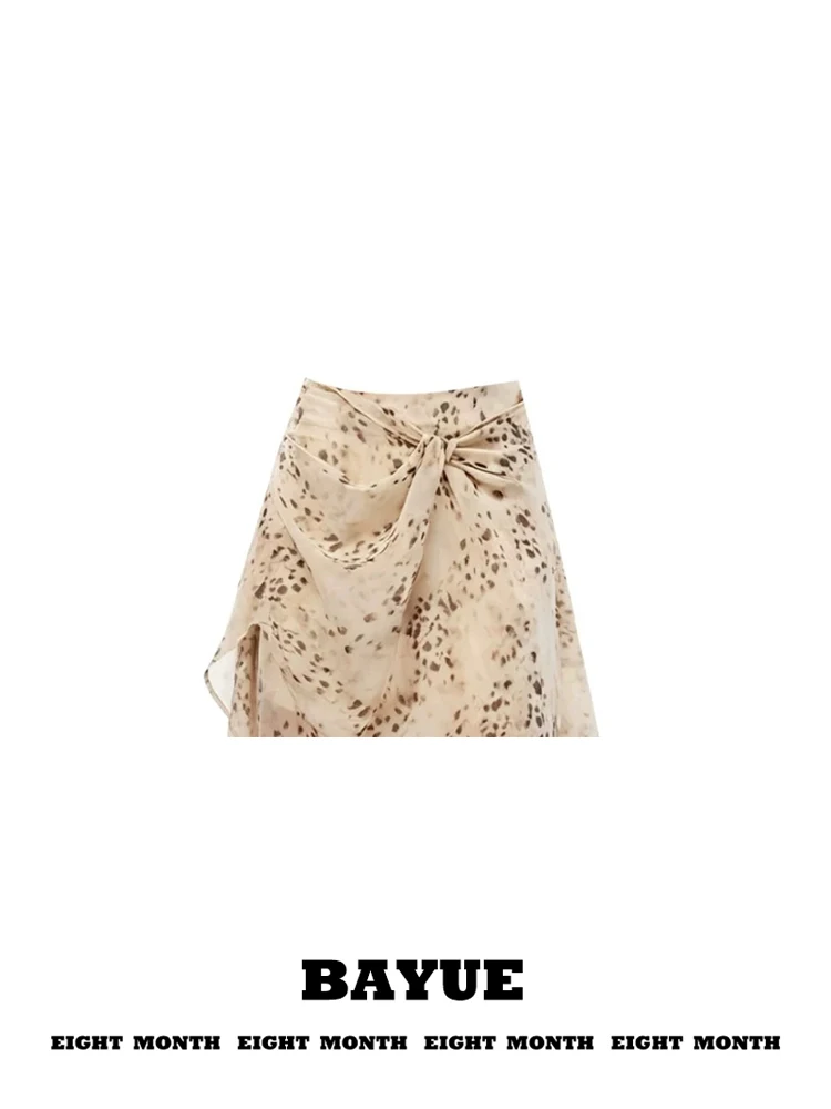 Artistic Leopard Print Asymmetrical High Waist Midi Skirt Unique Knot Design Special Half-length Slant Cut Women's Skirt