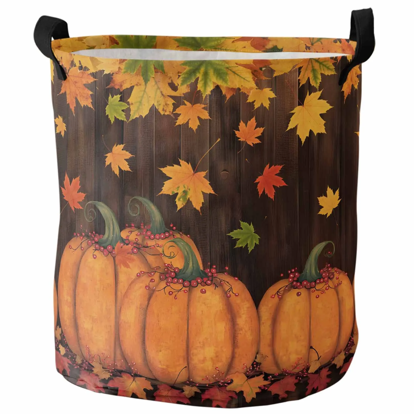 

Brown Wood Grain Orange Pumpkin Foldable Dirty Laundry Basket Kid's Toy Organizer Waterproof Storage Baskets