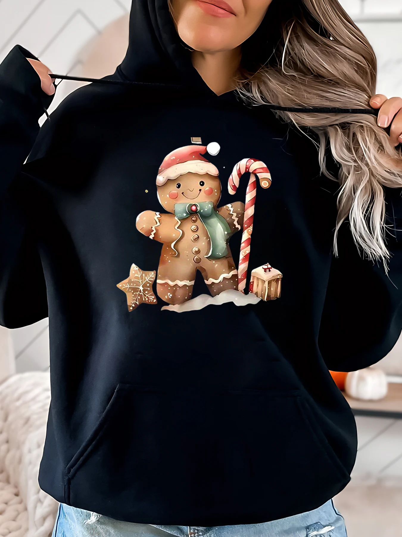 

Gingerbread Man Candy Cane Christmas Hoodie Women Casual Holiday Wear Black Plus-Size