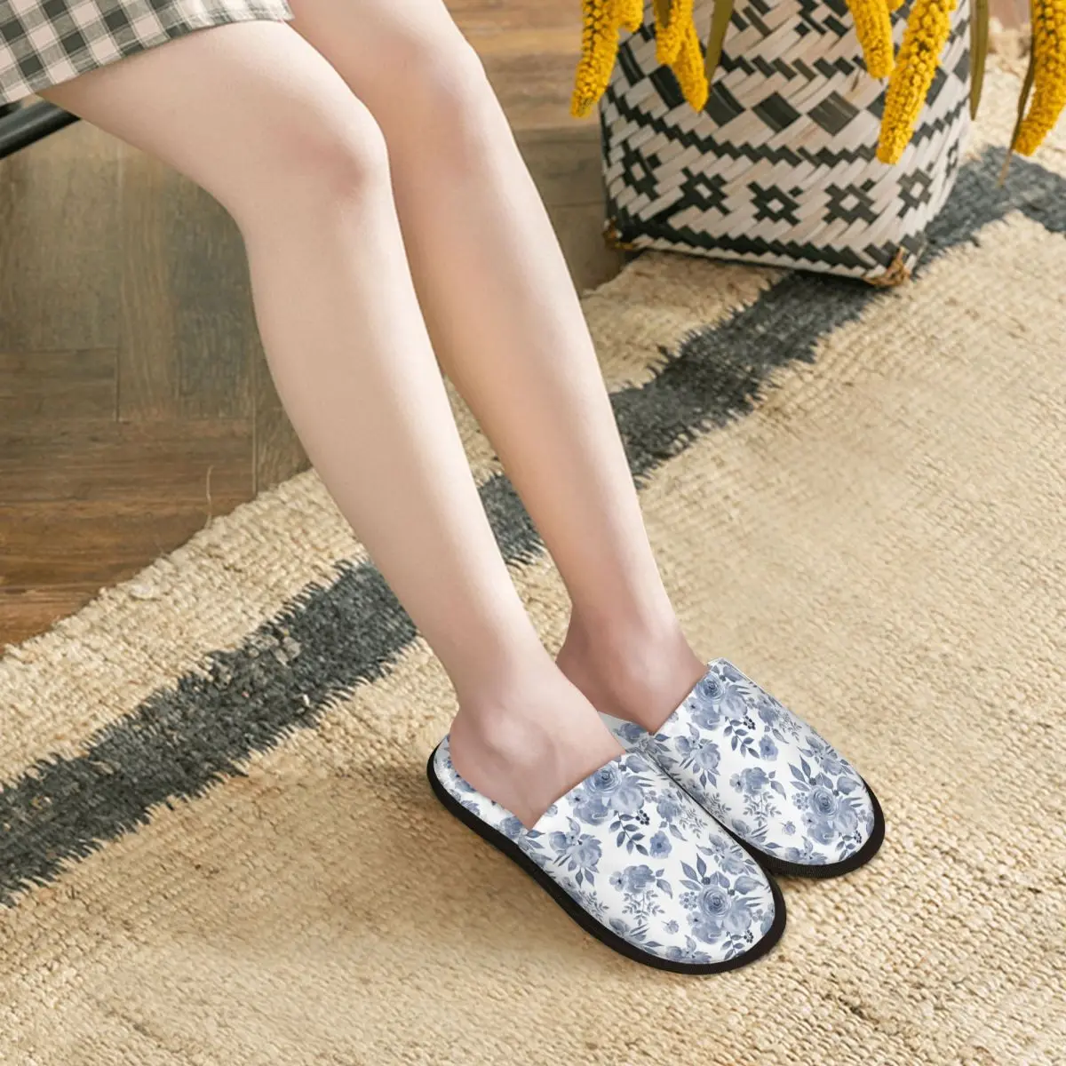 Custom Hamptons Style Floral Design Slippers Memory Foam Warm Soft Women House Slipper Indoor Cozy Shoes