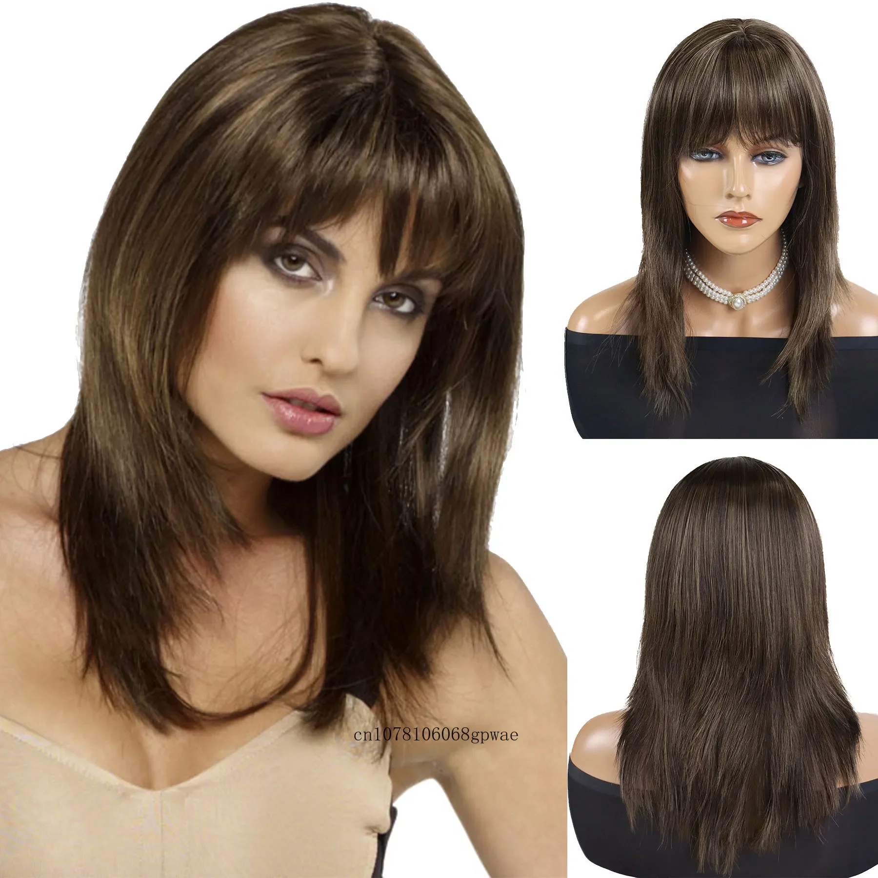 Classic Brown Straight Hairstyle Synthetic Wigs for Women Long Fancy Dress Party Daily Casual Wig with Bangs Adjustable Cap Size