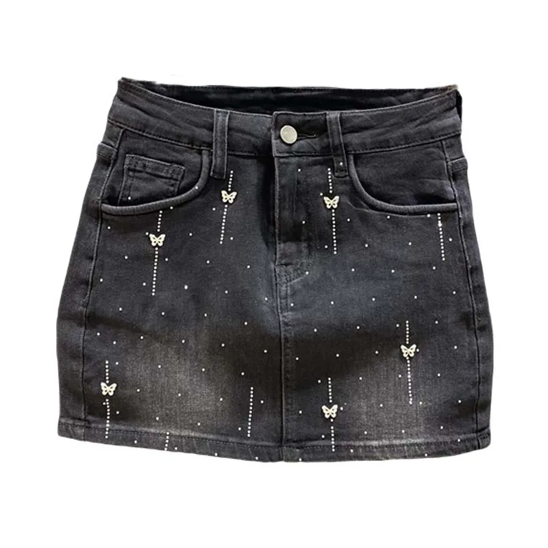 [ZOCI] Nostalgic Light Blue High Waisted Tight Fitting Bag Buttocks Rhinestone Denim Short Skirt Summer Wear New Styles