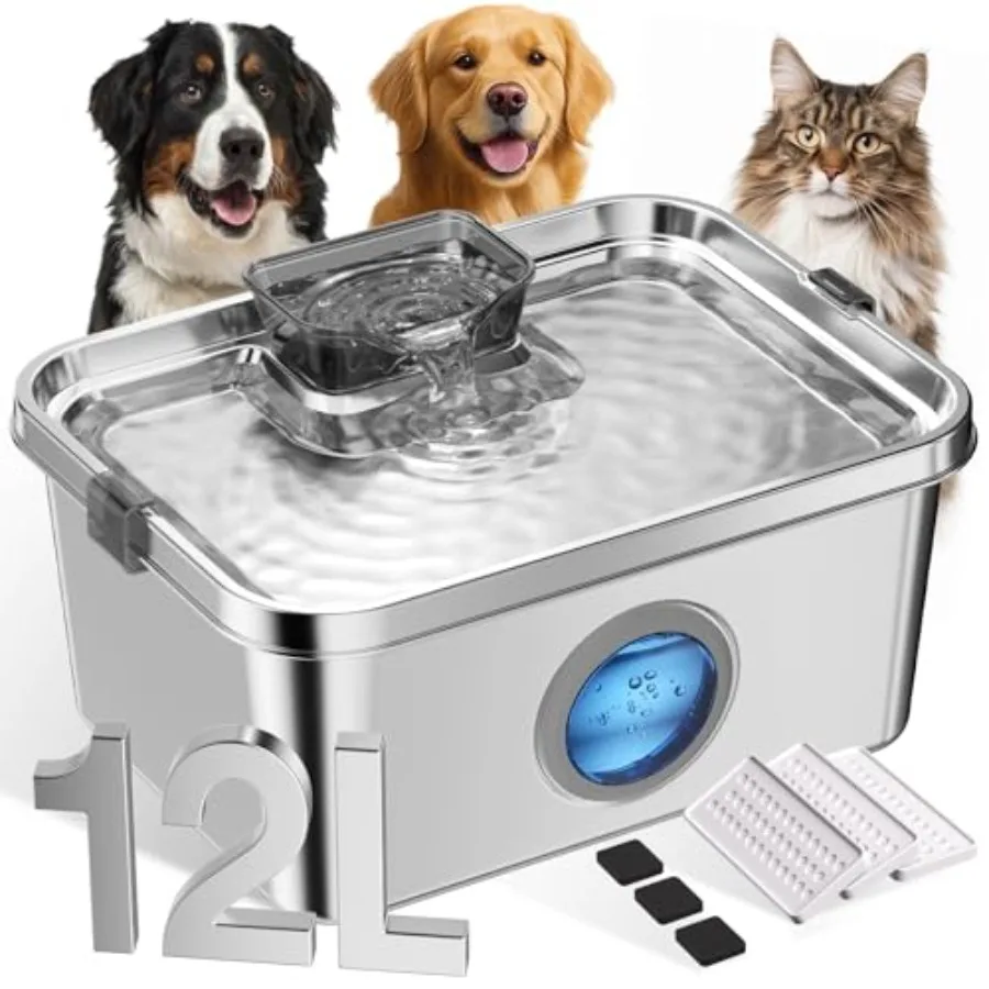 

12L Dog Water Fountain for Multi-Pet Home: Stainless Steel, Silver, Quiet Operation with 3 Filters, Visible Window Wide Deeper