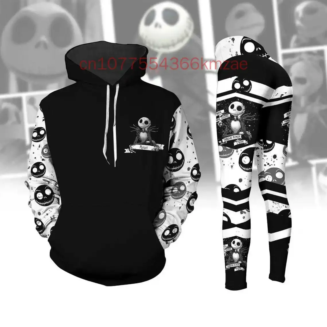 Personalizado disney jack skellington moletom com capuz e leggings feminino natal calças de yoga moletom moda esportes terno