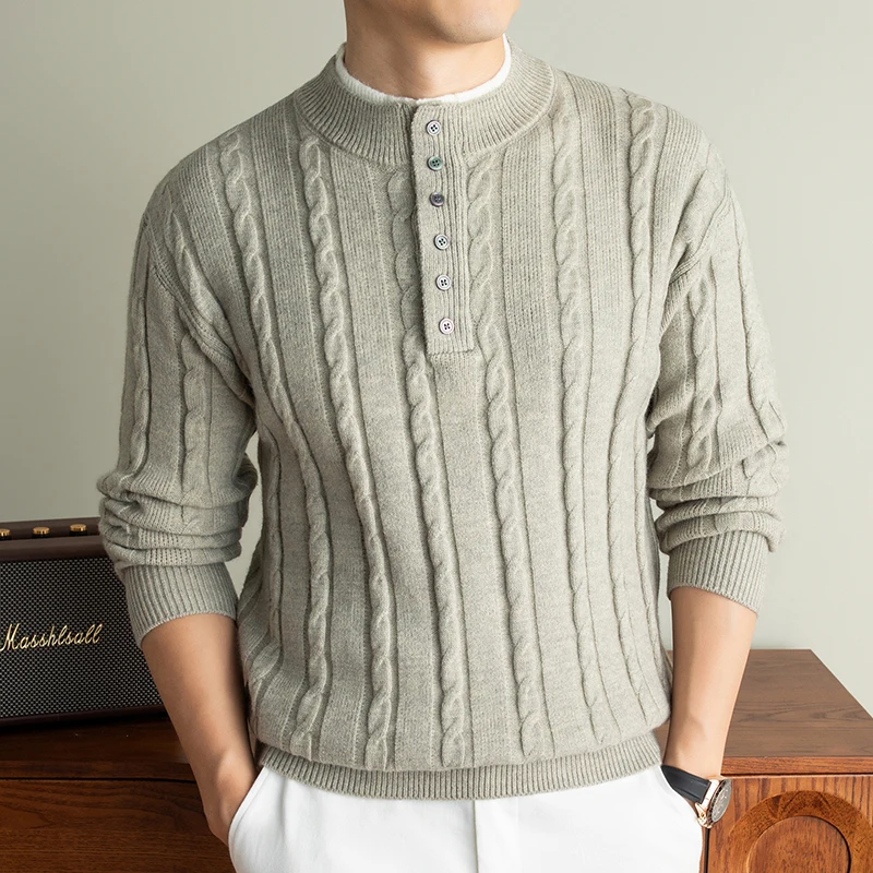 Luxury fake two piece men's knitted sweater new fashion jacquard thickened warm casual personality button round neck pullover