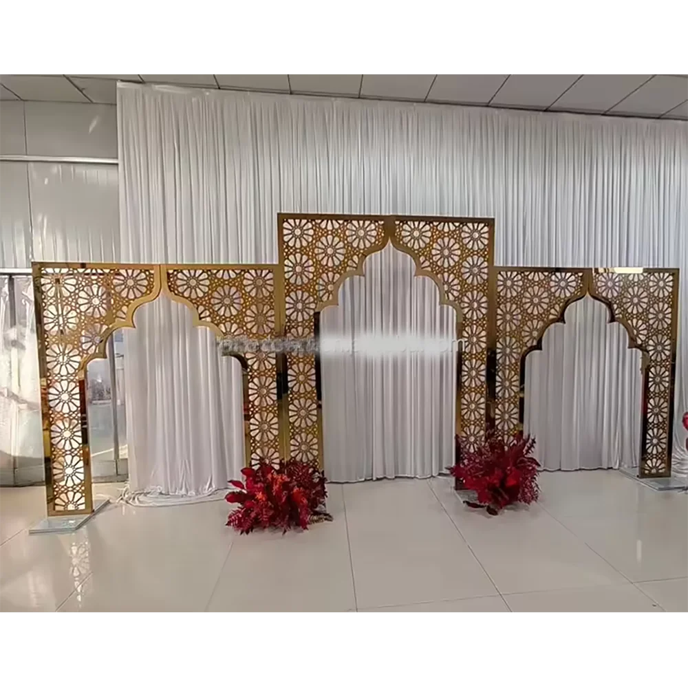 Event party stage decoration back drops supplies gold metal frame flower backdrop stand wedding arch