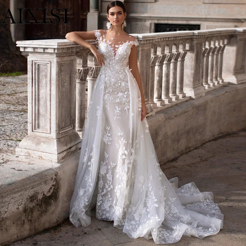 Chữ V Gợi Cảm Nàng Tiên Cá Cưới Dresse Tay Ngắn Áo Dài Cô Dâu Đầm Vestido De Noiva Appliques Có Thể Tháo Rời Tàu Áo Dây De Mariee 2022