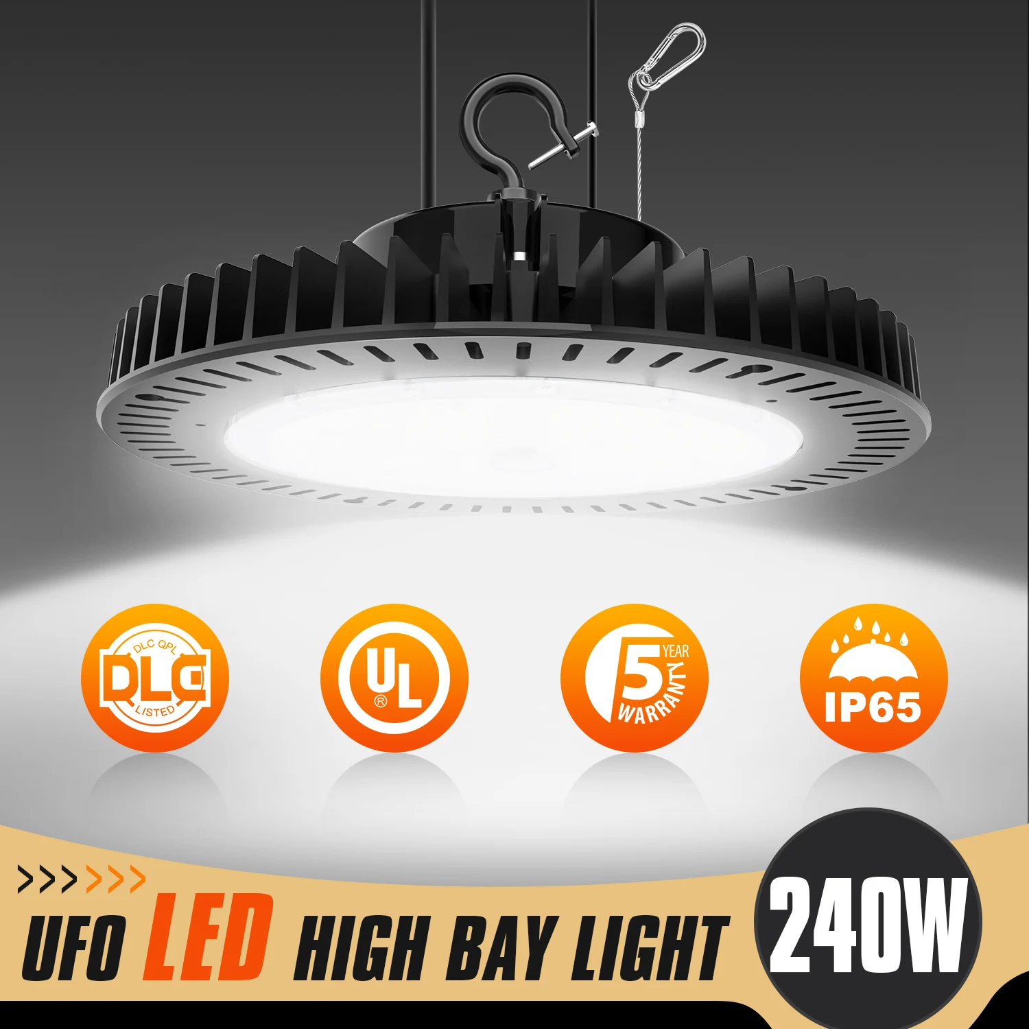 240W LED High Bay Light 36,000lm 5000K 0-10V Dimmable UL Listed US Hook 5' Cable Alternative to 1000W MH/HPS for Gym Warehouse