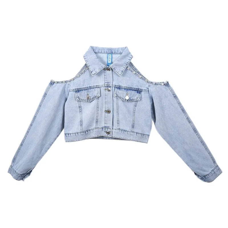 Vintage Light Blue Slim Ultra Short Denim Jacket Autumn Women Cowboy Outerwear Lapel Long Sleeve Solid Color Jeans Jacket Coat