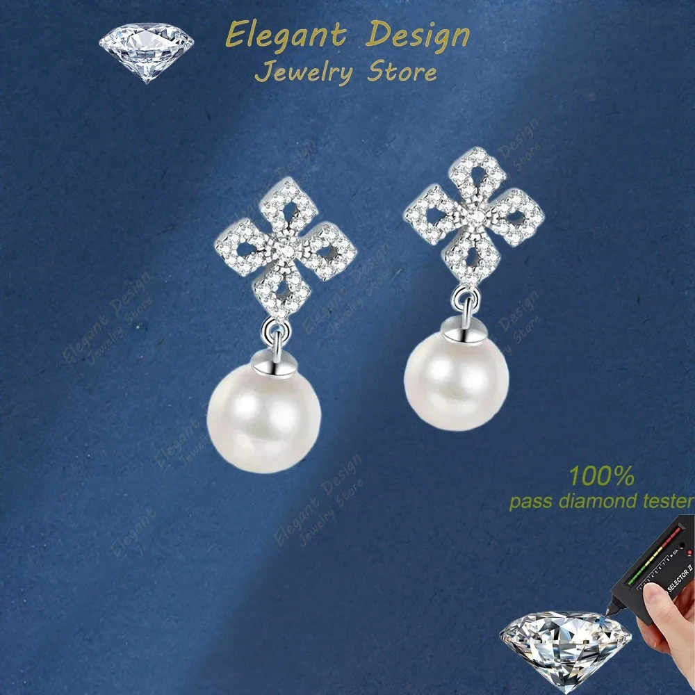 

Elegant Design 8mm Freshwater Pearl Drop Earrings Platinum PT950 Square 0.31Ct Moissanite Earring Wedding Jewelry