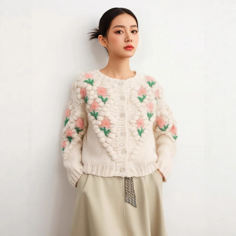 hand-crocheted floral embroidered sweater cardigan women, loose-fitting vintage knit cardigan, sweet and