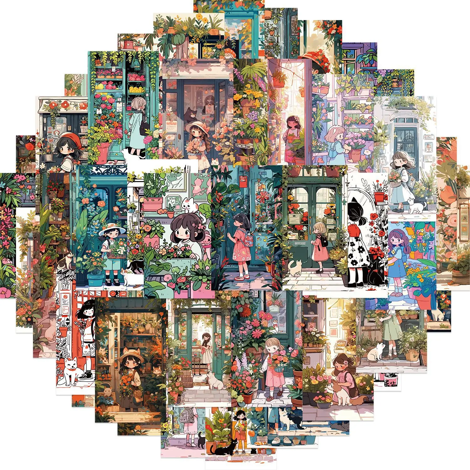 

50PCSCute Girl & Cat Stickers Aesthetic Flower Shop DIY Graffiti Decals Waterproof for Laptop Luggage Skateboard Helmet Gift