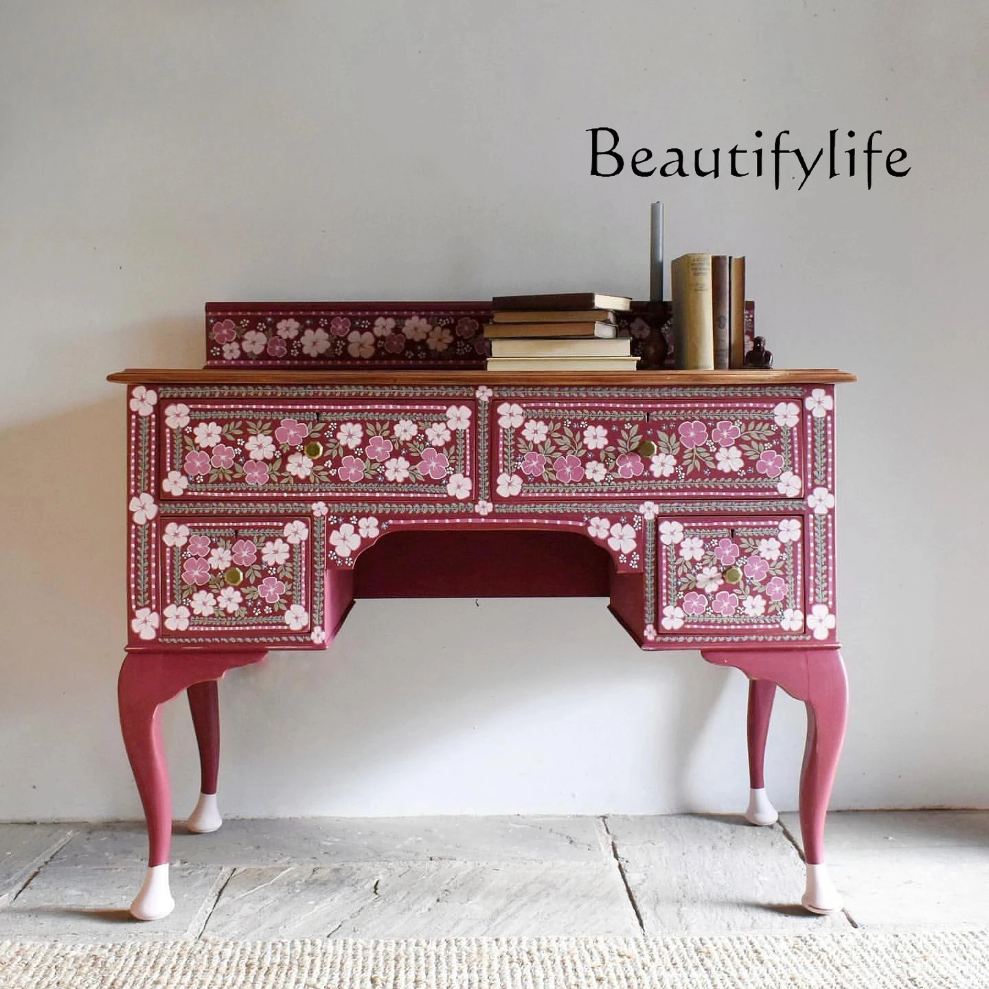 

ZL French solid wood hand-painted pink makeup table American simple bedroom household flower pattern makeup table writing table