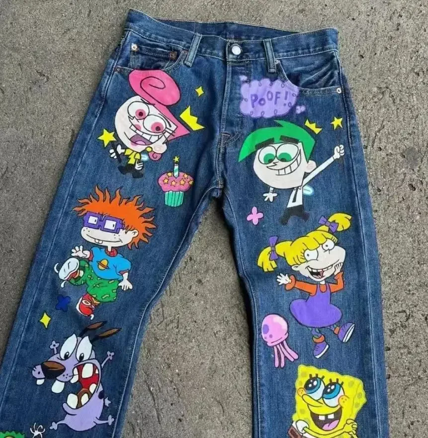 Y2k – jean droit taille haute pour hommes et femmes, motif de dessin animé rétro américain imprimé, mode décontracté, surdimensionné, jambes larges