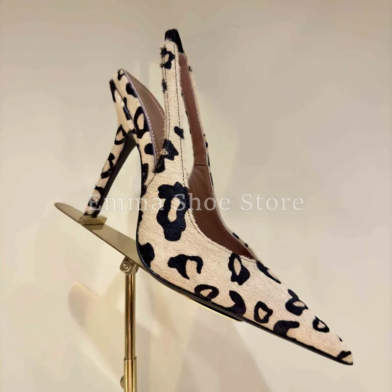 

Women's Sexy Leopard Print Stiletto High Heel Sandals Pointed Toe Satin Slingbacks Pumps Trendy Back Strap Party Dress Shoes