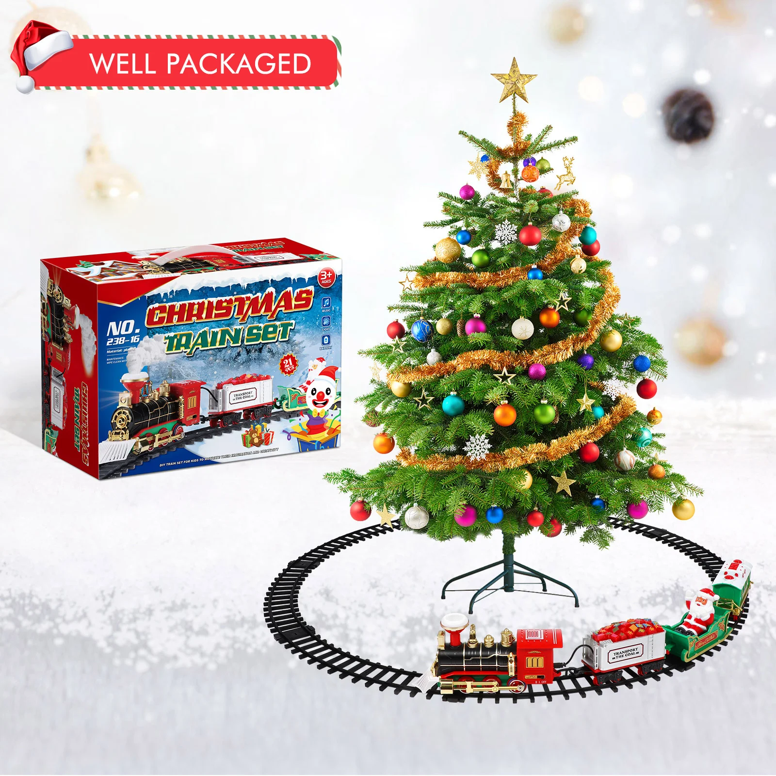 Conjunto de Trem de Natal com Motor a Vapor Elétrico, Trilhos Retos e Curvos, Luz e Som Realistas, Presente para Crianças