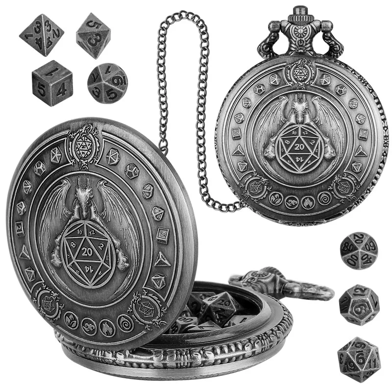 Vintage Dragon Wings Pocket Watch Case with 7pcs Tiny Polyhedral Metal Dice Set Role Playing Board Games Accessories